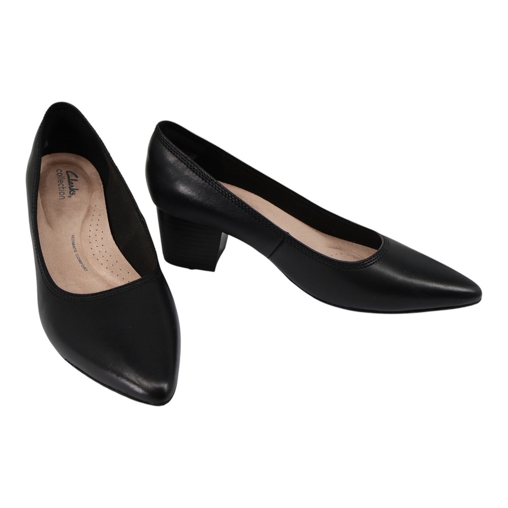 Clarks Ellanie Hope Black Leather Pointed Toe Block Heel‎ Pumps Womens 8.5 M New